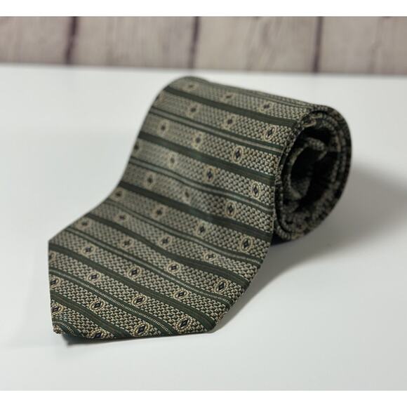 Stafford 100% Silk Tie Green Gold Navy Geometric Pattern Made in Italy 57” - Picture 2 of 9